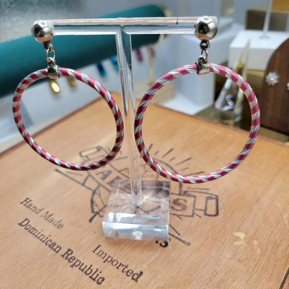 Hula Hoop Metal Earrings / Candy Cane Stripes / Pink & Silver / Pierced - Picture 2 of 4